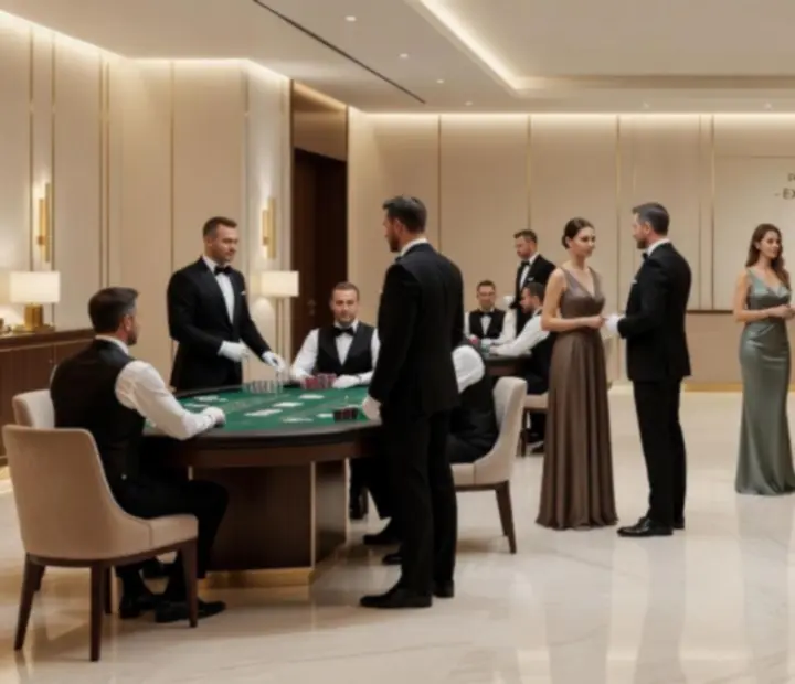 Elegantní společenský večer s herními stoly v luxusním prostředí