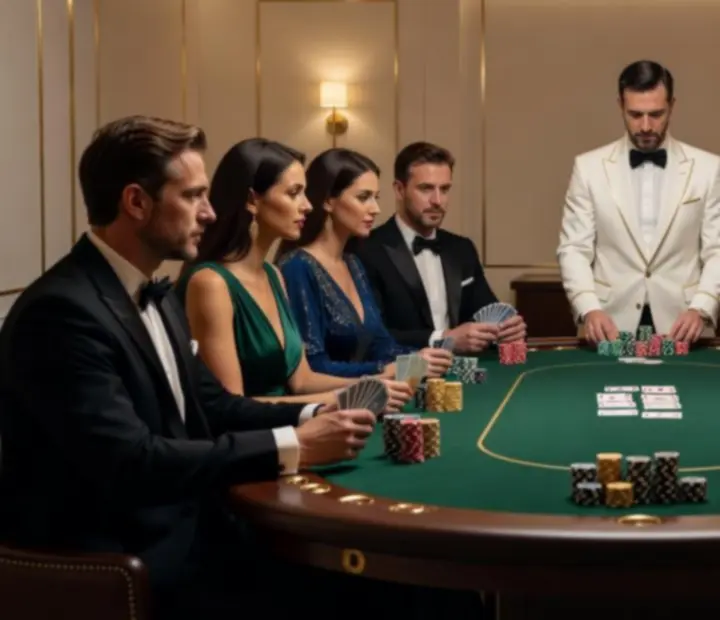 Elegantní pokerový večer s hosty u profesionálního stolu v luxusním prostředí