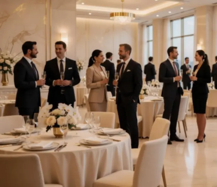 Luxusní firemní event s elegantní výzdobou a slavnostní atmosférou